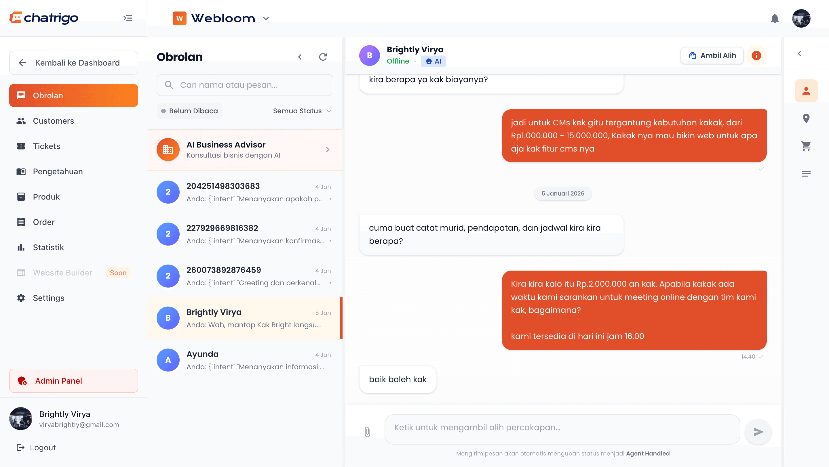 Chatrigo Dashboard Interface